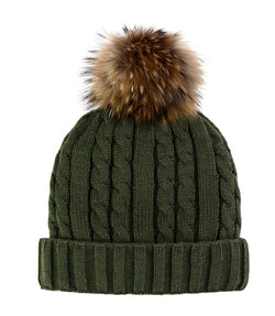 Cable Knit Beanie w/ Fleece Lining & Pom