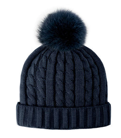 Cable Knit Beanie w/ Fleece Lining & Pom