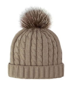 Cable Knit Beanie w/ Fleece Lining & Pom