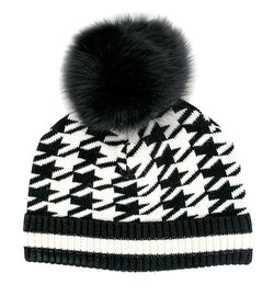 Knit Houndstooth Beanie w/ Pom