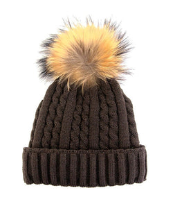 Cable Knit Beanie w/ Fleece Lining & Pom