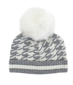 Knit Houndstooth Beanie w/ Pom