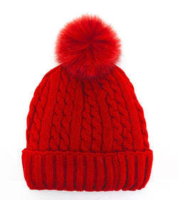 Cable Knit Beanie w/ Fleece Lining & Pom