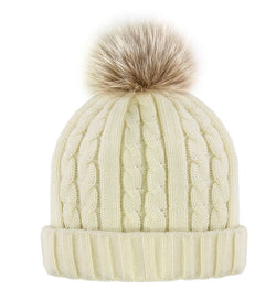 Cable Knit Beanie w/ Fleece Lining & Pom