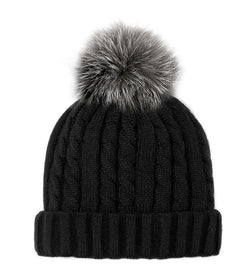 Cable Knit Beanie w/ Fleece Lining & Pom