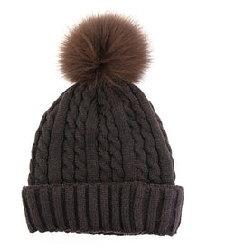 Cable Knit Beanie w/ Fleece Lining & Pom