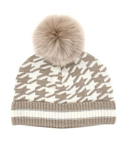 Knit Houndstooth Beanie w/ Pom